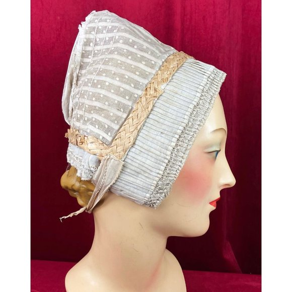 19th C Box Pleat Brim Swiss Dot Bonnet Victorian Folk ?